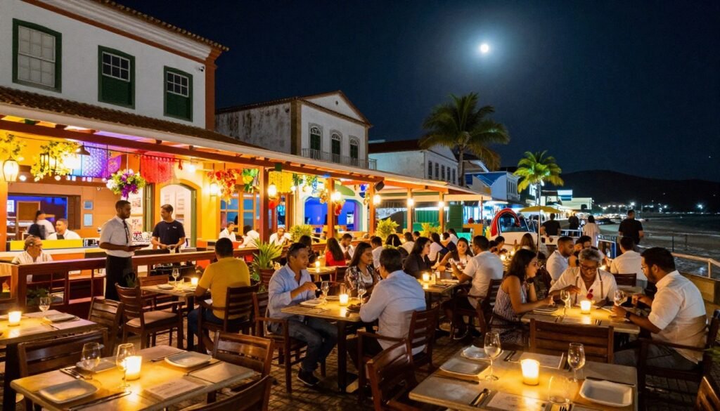 Uma cena noturna vibrante no centro de Búzios, repleta de restaurantes e bares que conferem ao local uma atmosfera animada. Em primeiro plano, mesas elegantemente postas são iluminadas pela luz suave e quente de velas, com frequentadores desfrutando de suas refeições, vestindo trajes casuais elegantes. No plano intermediário, destacam-se as fachadas dos restaurantes, bem iluminadas e adornadas com decorações coloridas, além de mesas ao ar livre onde garçons atenciosos atendem os clientes. Ao fundo, percebe-se a arquitetura característica de Búzios e palmeiras, sob um céu estrelado e uma lua que emite um brilho suave. A iluminação deve criar uma atmosfera acolhedora e convidativa, capturando a essência de uma vida noturna agitada. Utilize uma perspectiva de grande angular para proporcionar uma visão dinâmica, enfatizando a vivacidade e o encanto deste popular destino turístico.