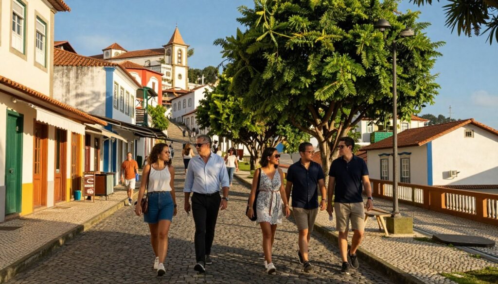 Uma cena vibrante que retrata um passeio pela Rua Torta, no coração de Miguel Pereira. Em primeiro plano, pessoas vestidas com trajes casuais elegantes caminham juntas, conversando e apreciando a vista. No plano intermediário, destaca-se o traçado único e sinuoso da Rua Torta, e uma vegetação exuberante, o que confere ao local uma atmosfera animada. Ao fundo, edificações coloridas — típicas da arquitetura brasileira — erguem-se sob um céu azul límpido. A iluminação é quente e acolhedora, remetendo à luz do meio da tarde, que projeta sombras suaves sobre as pedras do calçamento. O clima geral é alegre e descontraído, capturando a essência de explorar este lugar encantador em Miguel Pereira. Uma cena vibrante que retrata um passeio pela Rua Torta, no coração de Miguel Pereira. Em primeiro plano, pessoas vestidas com trajes casuais elegantes caminham juntas, conversando e apreciando a vista. No plano intermediário, destaca-se o traçado único e sinuoso da Rua Torta, e uma vegetação exuberante, o que confere ao local uma atmosfera animada. Ao fundo, edificações coloridas — típicas da arquitetura brasileira — erguem-se sob um céu azul límpido. A iluminação é quente e acolhedora, remetendo à luz do meio da tarde, que projeta sombras suaves sobre as pedras do calçamento. O clima geral é alegre e descontraído, capturando a essência de explorar este lugar encantador em Miguel Pereira.