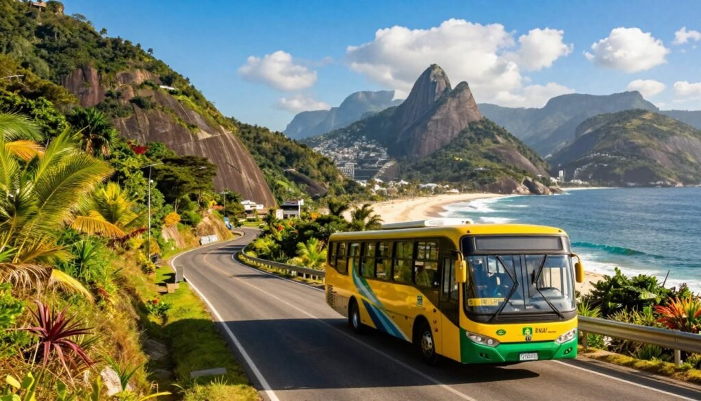 Uma vista cênica de um ônibus que viaja por uma estrada sinuosa entre o Rio de Janeiro e Búzios, cercado por colinas de um verde exuberante e uma vibrante vegetação tropical. Em primeiro plano, o ônibus apresenta cores vivas que refletem a cultura animada do Brasil, destacando seu design moderno e assentos confortáveis. No plano intermediário, vê-se a estrada sinuosa que acompanha o litoral, com vislumbres de praias de areia branca e ondas de um azul intenso. Ao fundo, montanhas imponentes compõem um horizonte dramático sob um céu azul límpido, pontilhado por nuvens brancas e fofas. A luz do sol projeta tons quentes e dourados, capturando a essência de um dia radiante e convidativo, despertando uma sensação de aventura e exploração. A perspectiva é levemente elevada, proporcionando uma visão panorâmica que valoriza a paisagem de tirar o fôlego.