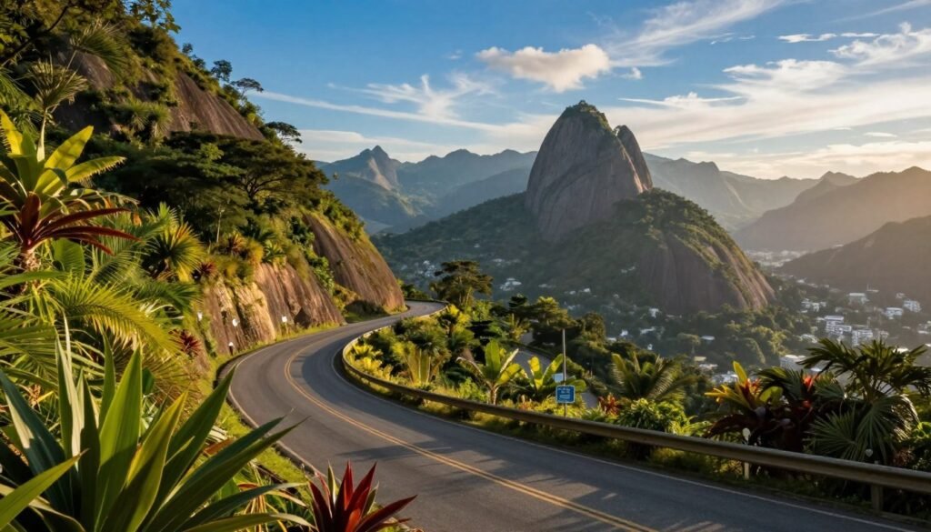 Uma vista cênica de uma estrada sinuosa nas montanhas, durante uma viagem partindo do Rio de Janeiro, que captura a essência da aventura. Em primeiro plano, uma vegetação verdejante e plantas tropicais exóticas emolduram a estrada. No plano intermediário, o caminho asfaltado serpenteia montanha acima, convidando à exploração, com sinalizações ao longo da via que sugerem o terreno montanhoso à frente. Ao fundo, erguem-se montanhas imponentes e cobertas de verde, banhadas pelo brilho suave da luz do fim da tarde, criando uma atmosfera que é, ao mesmo tempo, serena e empolgante. Um céu azul vibrante, com nuvens leves, realça a cena pitoresca. A imagem transmite uma sensação de tranquilidade e a emoção de viajar; foi fotografada de um ponto levemente elevado, evidenciando as curvas da estrada. A iluminação é natural, destacando as cores da natureza e despertando o desejo de explorar o mundo e viver aventuras. Uma vista cênica de uma estrada sinuosa nas montanhas, durante uma viagem partindo do Rio de Janeiro, que captura a essência da aventura. Em primeiro plano, uma vegetação verdejante e plantas tropicais exóticas emolduram a estrada. No plano intermediário, o caminho asfaltado serpenteia montanha acima, convidando à exploração, com sinalizações ao longo da via que sugerem o terreno montanhoso à frente. Ao fundo, erguem-se montanhas imponentes e cobertas de verde, banhadas pelo brilho suave da luz do fim da tarde, criando uma atmosfera que é, ao mesmo tempo, serena e empolgante. Um céu azul vibrante, com nuvens leves, realça a cena pitoresca. A imagem transmite uma sensação de tranquilidade e a emoção de viajar; foi fotografada de um ponto levemente elevado, evidenciando as curvas da estrada. A iluminação é natural, destacando as cores da natureza e despertando o desejo de explorar o mundo e viver aventuras.