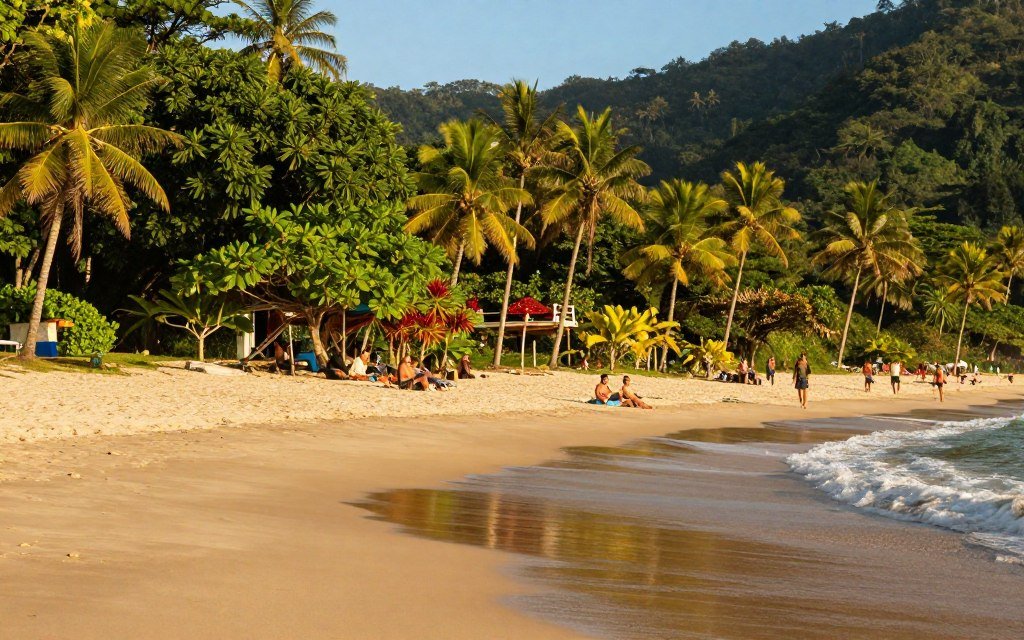 Uma vista de tirar o fôlego da Praia de Grumari, cercada por uma vegetação exuberante e verdejante, típica do estado do Rio de Janeiro. Em primeiro plano, uma areia fina e dourada estende-se em direção às ondas suaves que beijam a costa, criando uma atmosfera de tranquilidade. No plano intermediário, algumas pessoas aproveitam o ambiente sereno, vestindo roupas casuais e descontraídas, imersas em momentos de lazer. Ao fundo, avista-se uma vegetação densa, com palmeiras altas e plantas tropicais vibrantes, além do contorno de montanhas ao longe, sob um céu azul límpido. A iluminação é quente e acolhedora, capturando a essência de um dia ensolarado com os tons suaves típicos da "hora dourada". Uma perspectiva panorâmica ressalta a beleza grandiosa da praia, convidando o observador a vivenciar esse cenário, que é, ao mesmo tempo, pacífico e vibrante. Uma vista de tirar o fôlego da Praia de Grumari, cercada por uma vegetação exuberante e verdejante, típica do estado do Rio de Janeiro. Em primeiro plano, uma areia fina e dourada estende-se em direção às ondas suaves que beijam a costa, criando uma atmosfera de tranquilidade. No plano intermediário, algumas pessoas aproveitam o ambiente sereno, vestindo roupas casuais e descontraídas, imersas em momentos de lazer. Ao fundo, avista-se uma vegetação densa, com palmeiras altas e plantas tropicais vibrantes, além do contorno de montanhas ao longe, sob um céu azul límpido. A iluminação é quente e acolhedora, capturando a essência de um dia ensolarado com os tons suaves típicos da "hora dourada". Uma perspectiva panorâmica ressalta a beleza grandiosa da praia, convidando o observador a vivenciar esse cenário, que é, ao mesmo tempo, pacífico e vibrante.
