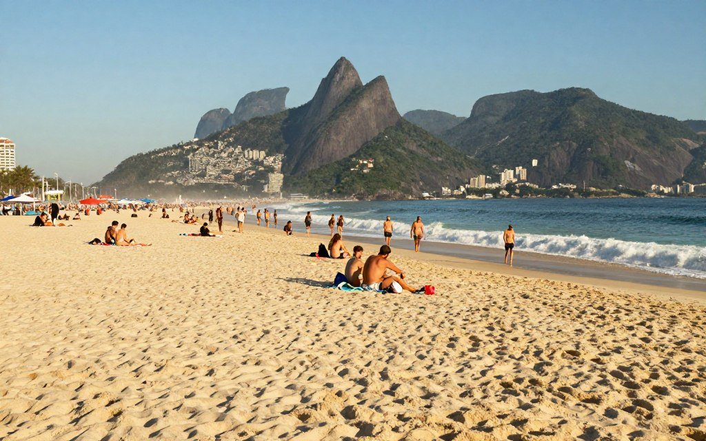Uma vista serena da Praia de Ipanema, destacando em primeiro plano sua icônica areia dourada, com ondas suaves quebrando na beira-mar. No plano intermediário, percebe-se uma atmosfera vibrante, com frequentadores aproveitando o sol — vestindo trajes casuais e discretos —, alguns relaxando sobre toalhas de praia coloridas, enquanto outros caminham à beira da água. Ao fundo, ergue-se o impressionante Morro dos Dois Irmãos, com sua vegetação exuberante em contraste com o céu azul-celeste. A cena é banhada por uma luz solar suave e quente, que projeta longas sombras e realça as cores vibrantes da praia. A composição utiliza uma perspectiva de grande angular para capturar a beleza grandiosa desta paisagem famosa, evocando um clima que é, ao mesmo tempo, tranquilo e animado — um reflexo do relaxamento e da alegria que caracterizam este local icônico. Uma vista serena da Praia de Ipanema, destacando em primeiro plano sua icônica areia dourada, com ondas suaves quebrando na beira-mar. No plano intermediário, percebe-se uma atmosfera vibrante, com frequentadores aproveitando o sol — vestindo trajes casuais e discretos —, alguns relaxando sobre toalhas de praia coloridas, enquanto outros caminham à beira da água. Ao fundo, ergue-se o impressionante Morro dos Dois Irmãos, com sua vegetação exuberante em contraste com o céu azul-celeste. A cena é banhada por uma luz solar suave e quente, que projeta longas sombras e realça as cores vibrantes da praia. A composição utiliza uma perspectiva de grande angular para capturar a beleza grandiosa desta paisagem famosa, evocando um clima que é, ao mesmo tempo, tranquilo e animado — um reflexo do relaxamento e da alegria que caracterizam este local icônico.